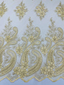 Metallic Corded Lace - Gold - Paisley Floral Fabric with Metallic Thread on a Mesh Lace By Yard