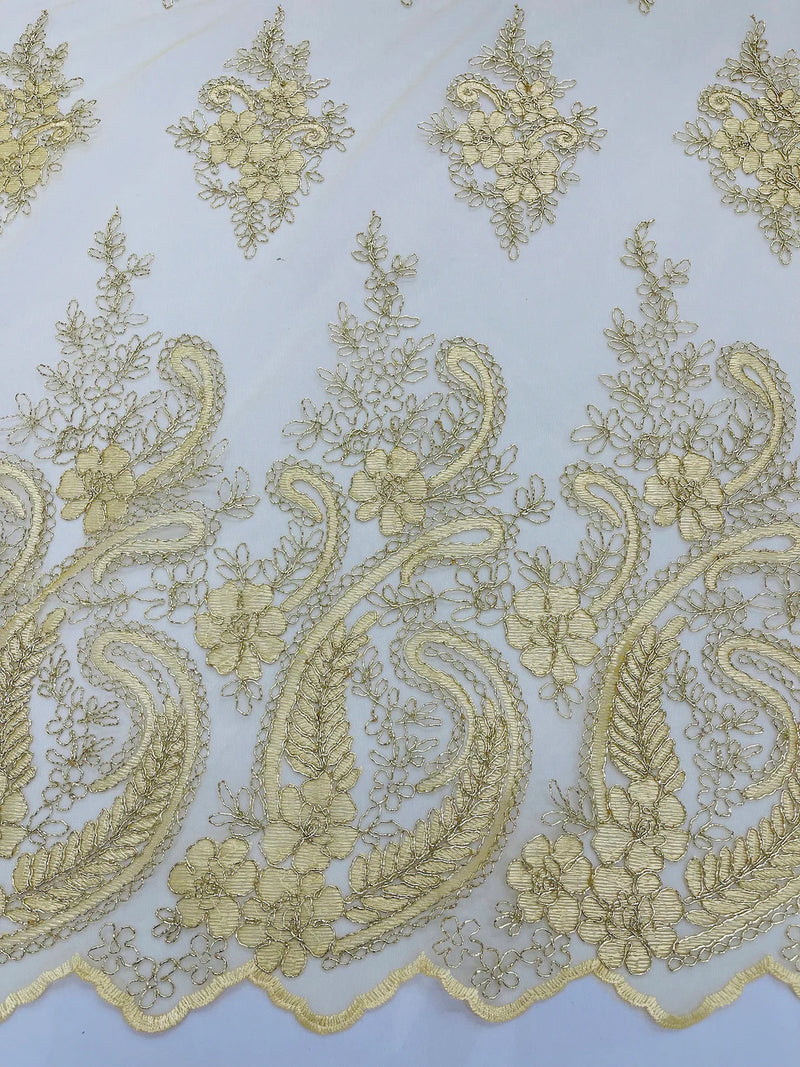 Metallic Corded Lace - Gold - Paisley Floral Fabric with Metallic Thread on a Mesh Lace By Yard