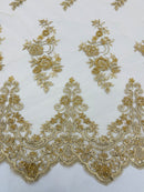 Beaded Floral Fabric - Gold - Embroidered Flower Cluster Beaded Fabric Sold By Yard
