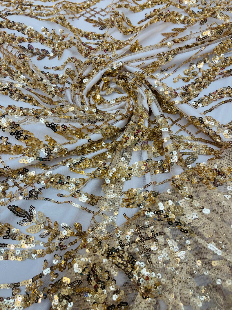 Floral Beaded Wavy Fabric - Gold - Beaded Sequins Wavy Embroidered Fabric Sold By Yard