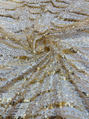 Wavy Design Beaded Fabric - Gold - Beaded Wavy Leaf Embroidered Fabric By Yard