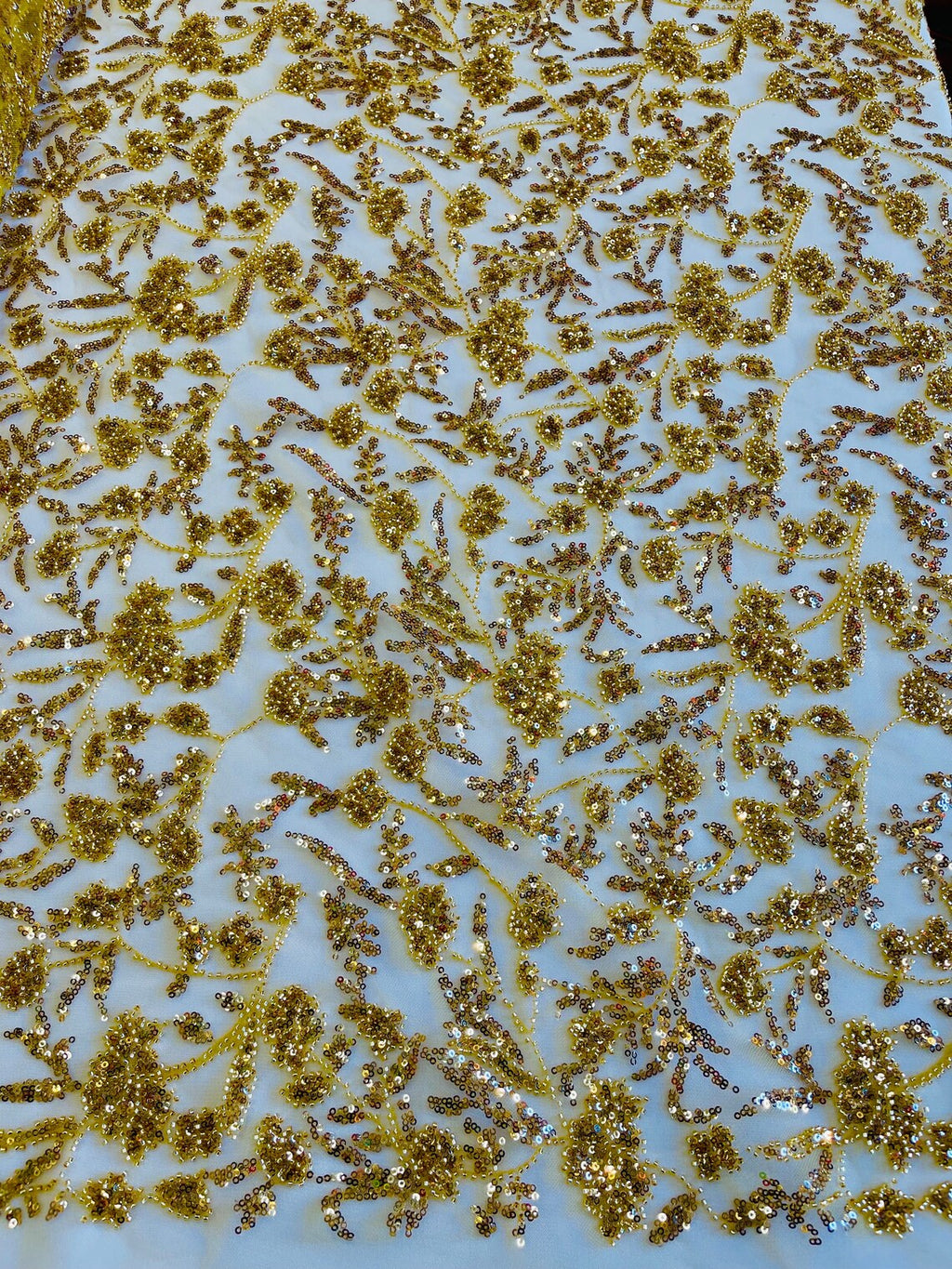Beaded Floral Plant Design - Gold - Embroidered Beaded Flower Plants Sequins Fabric By Yard