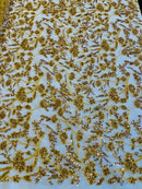 Beaded Floral Plant Design - Gold - Embroidered Beaded Flower Plants Sequins Fabric By Yard