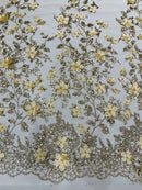 3D Flower Glitter Fabric - Gold - Floral Glitter Sequin Design on Lace Mesh Fabric by Yard