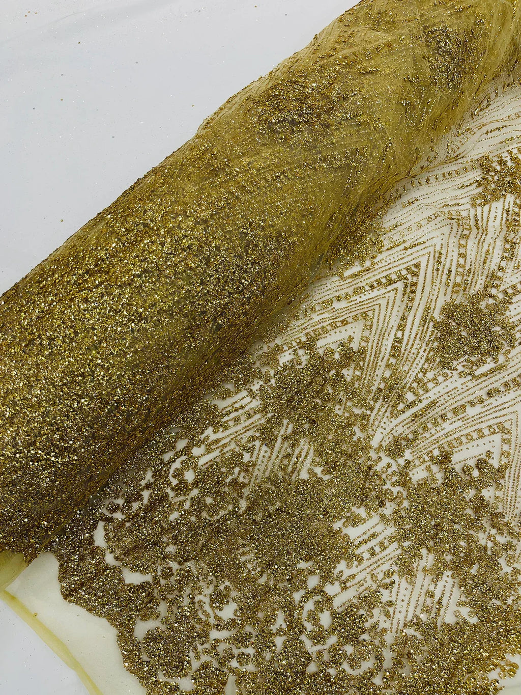 Damask Glitter Fabric - Gold - Geometric Glitter Design Fabric on Mesh by Yard