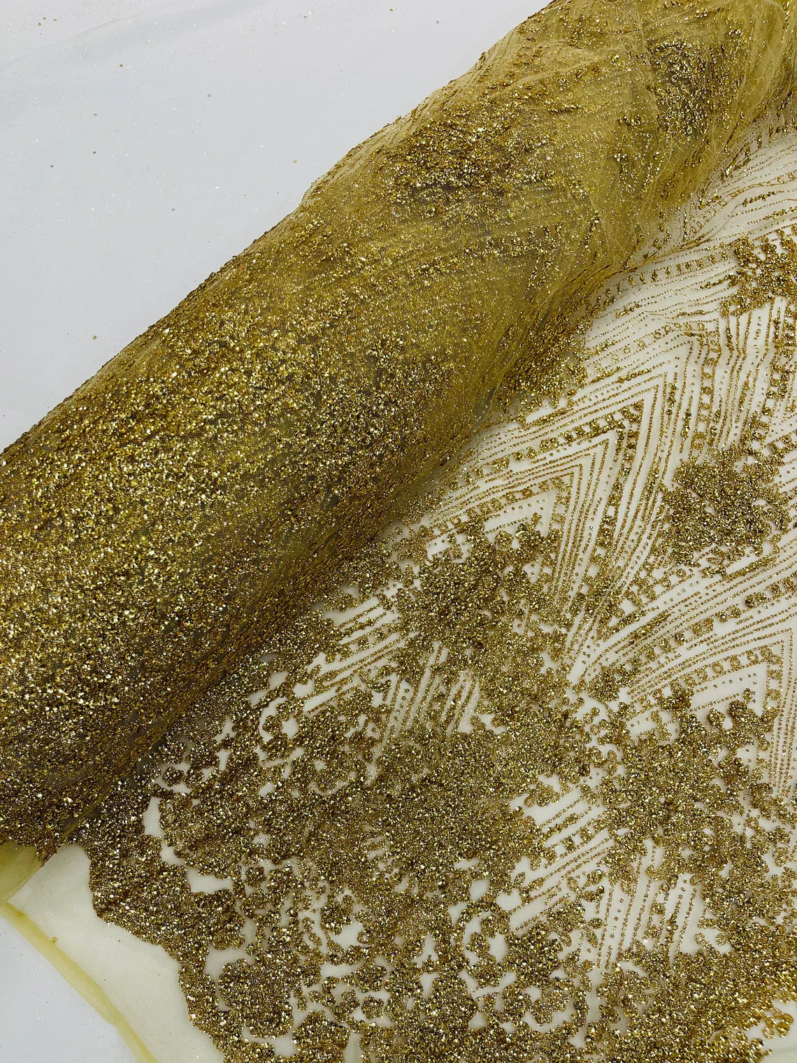 Damask Glitter Fabric - Gold - Geometric Glitter Design Fabric on Mesh by Yard
