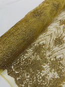 Damask Glitter Fabric - Gold - Geometric Glitter Design Fabric on Mesh by Yard