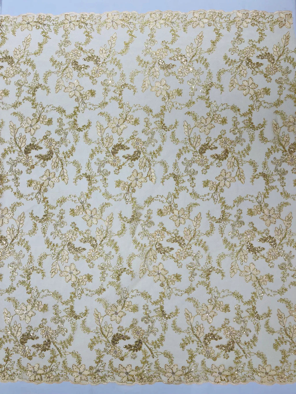 Floral Metallic Lace Fabric - Gold - Corded Embroidered Floral Sequins Fabric by Yard