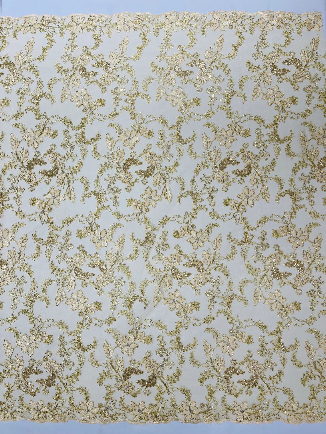Floral Metallic Lace Fabric - Gold - Corded Embroidered Floral Sequins Fabric by Yard