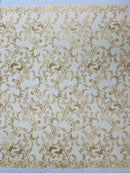 Floral Metallic Lace Fabric - Gold - Corded Embroidered Floral Sequins Fabric by Yard