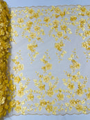 3D Floral Pearl Fabric - Gold - Embroidered Floral Pearl Fabric Double Border On Mesh By Yard