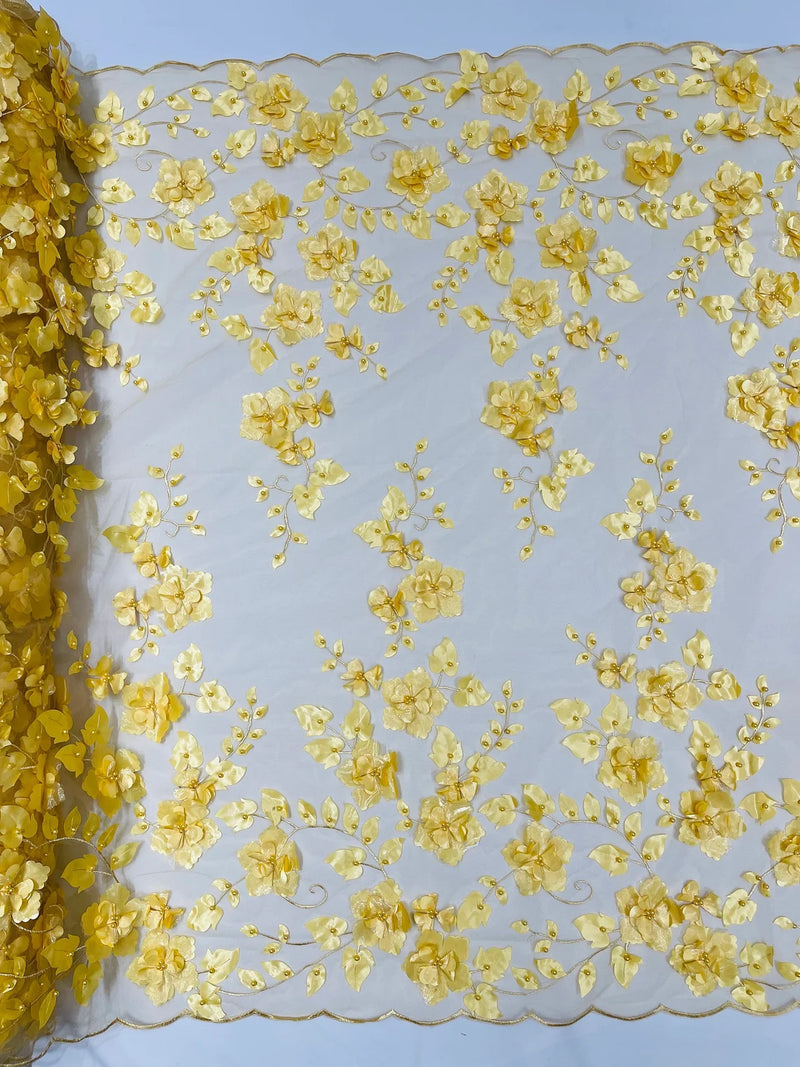 3D Floral Pearl Fabric - Gold - Embroidered Floral Pearl Fabric Double Border On Mesh By Yard