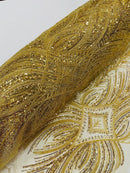 Beaded Lines Fabric - Gold - Luxury Beads and Sequins Line Design Fabric By Yard