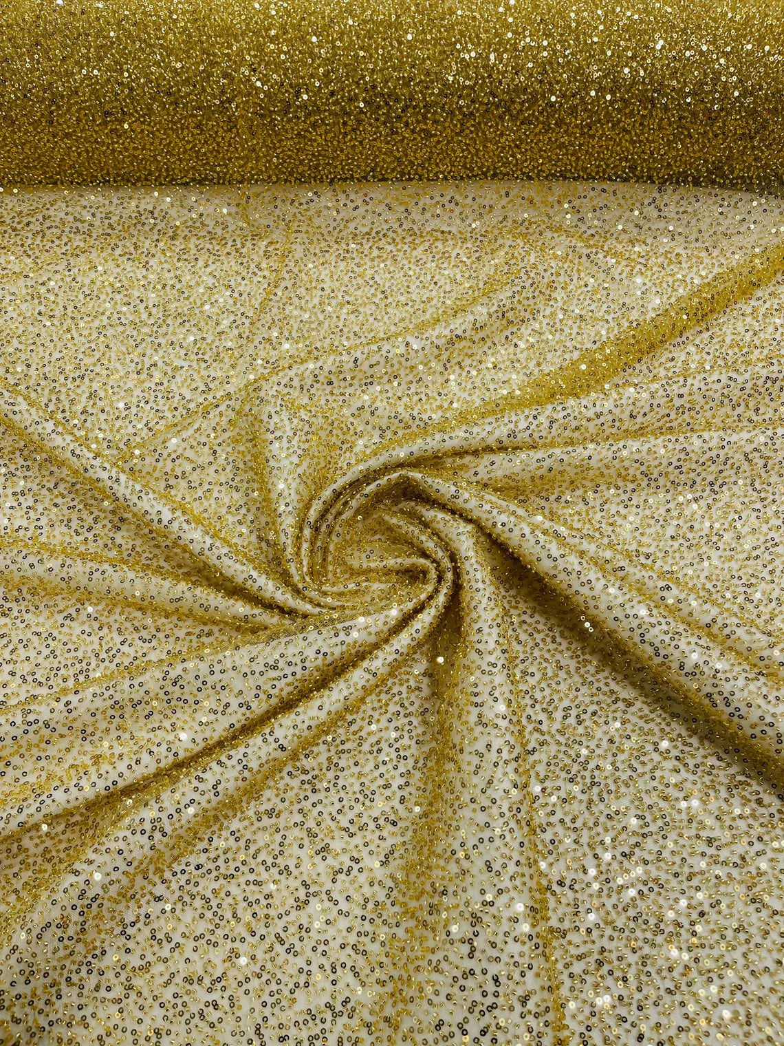 3D Beaded Lace Fabric - Gold - Heavy Embroidery Handmade Lace, Beaded Fabric By Yard