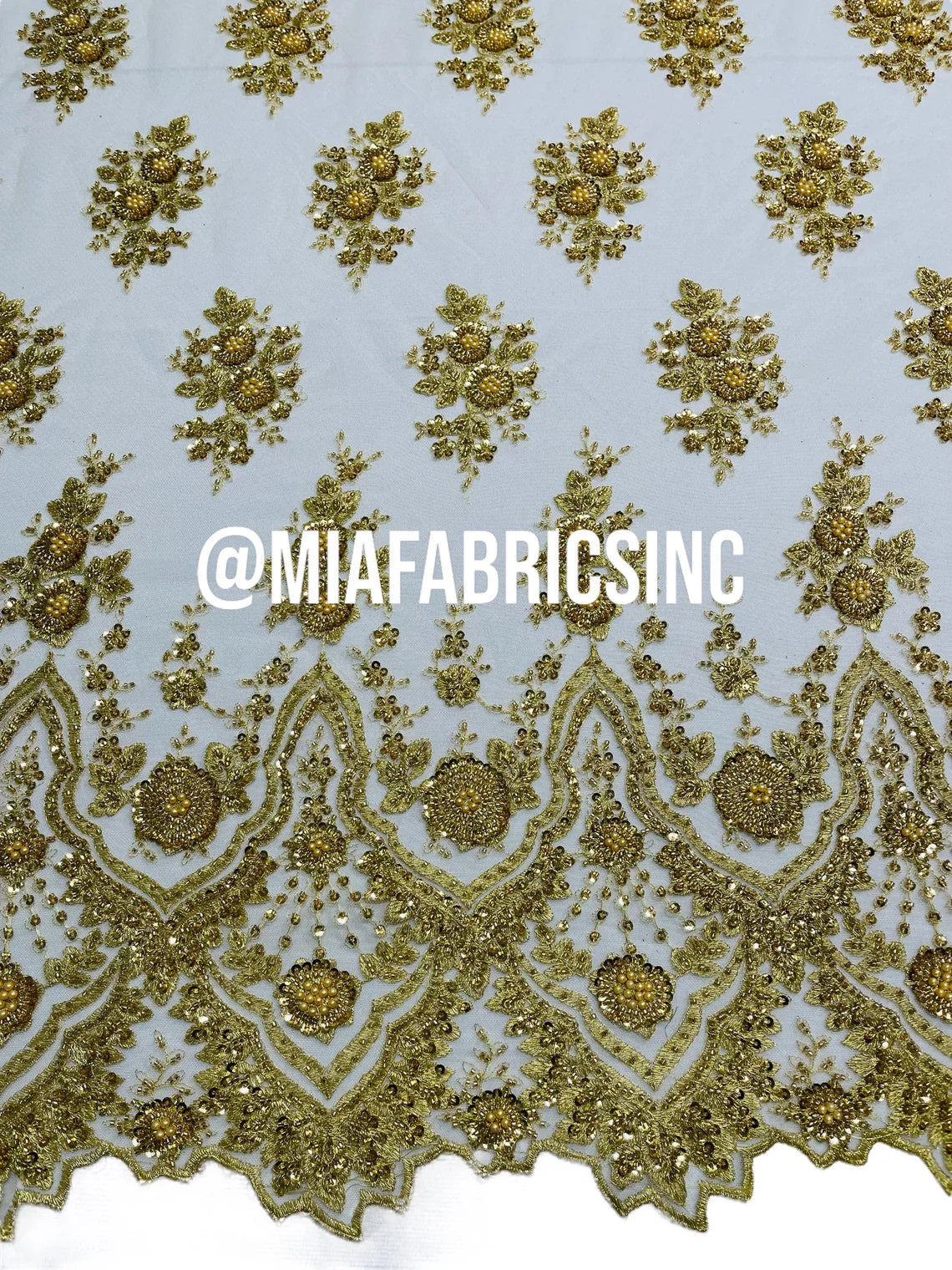 Round Flower Beaded Fabric - Gold - Embroidered Fashion Design Beads and Sequins On Mesh by The Yard