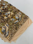 Orchid Design Sequins - Gold - 4 Way Stretch Full Sequins Floral Design Mesh Fabric By Yard