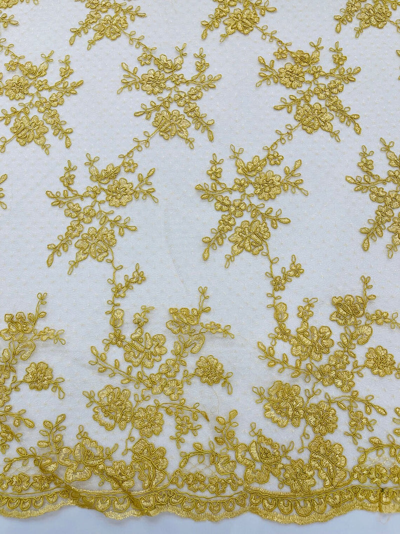 Embroidered Corded Lace Fabric - Gold - Cluster Fancy Flower Embroidered Lace Fabric By Yard