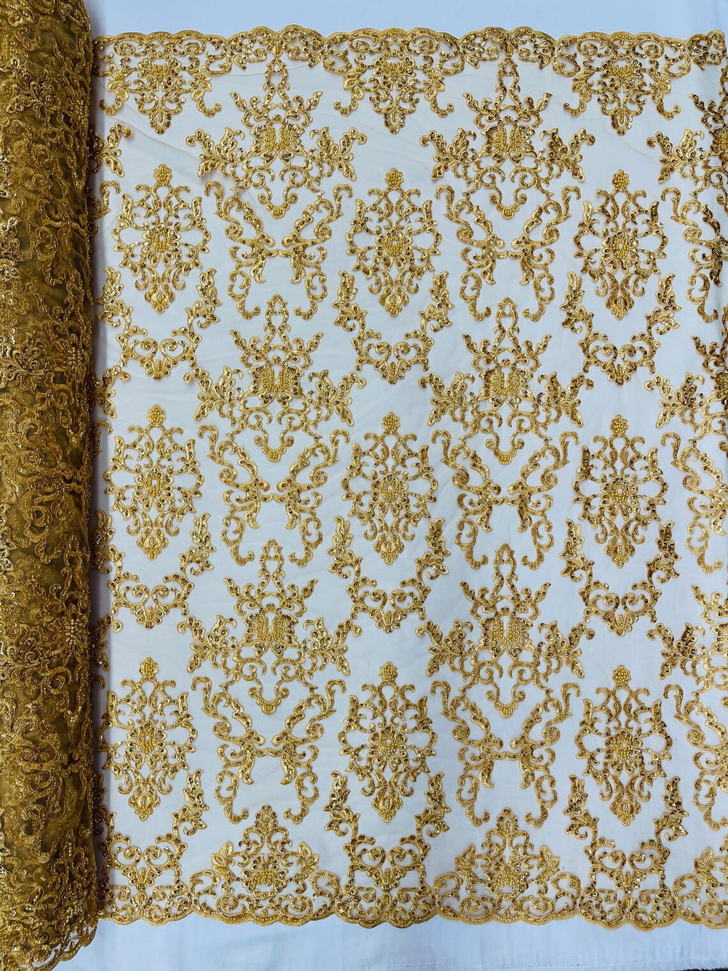 Butterfly Bead Sequins Fabric - Gold - Damask Beaded Sequins Lace Fabric by the yard