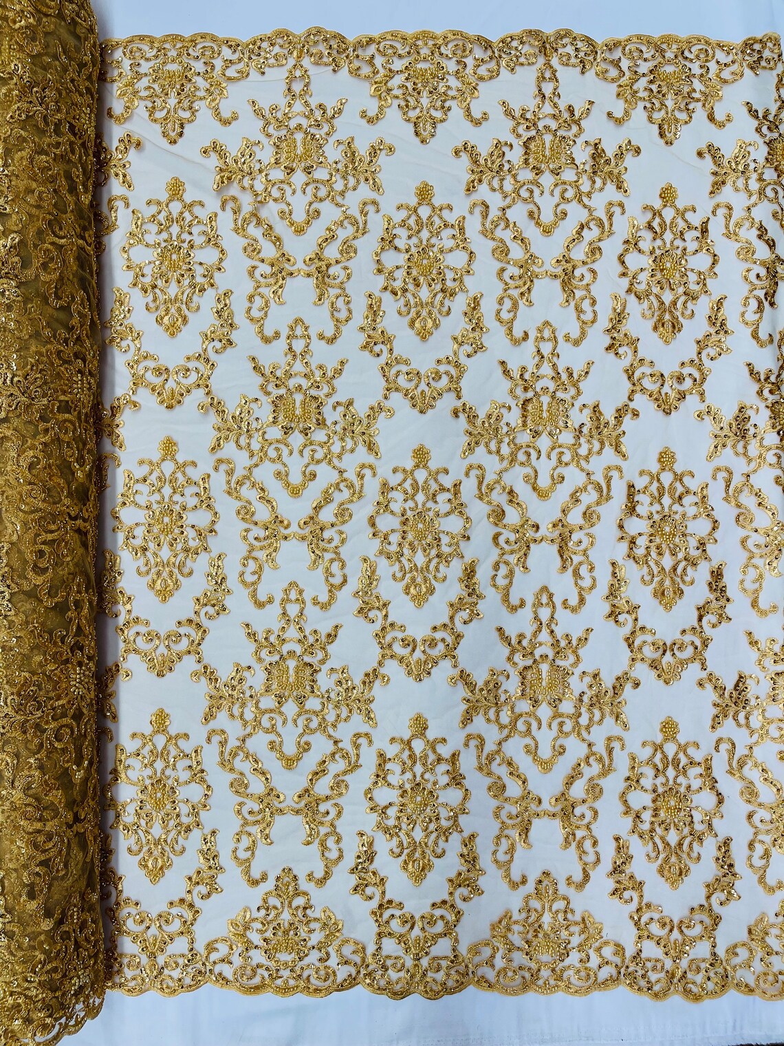 Butterfly Bead Sequins Fabric - Gold - Damask Beaded Sequins Lace Fabric by the yard