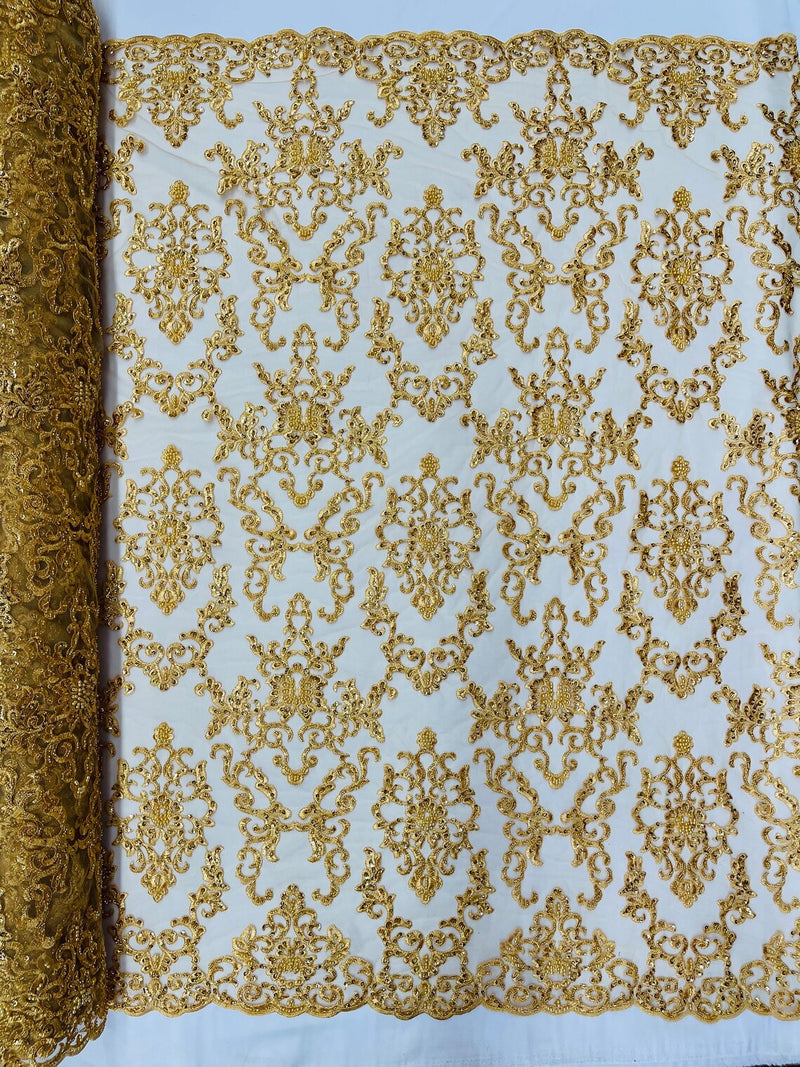 Butterfly Bead Sequins Fabric - Gold - Damask Beaded Sequins Lace Fabric by the yard