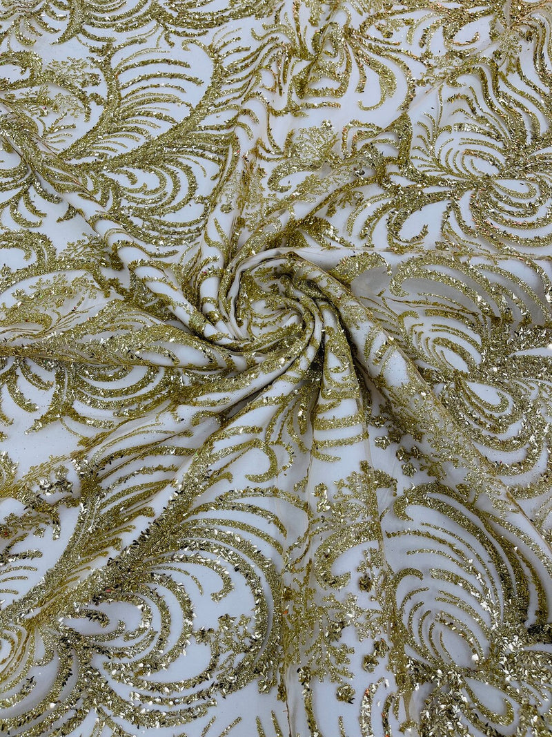 Glitter Palm Leaf Design Fabric - Gold - Tulle Mesh Glitter Leaf Design Fabric Sold By Yard