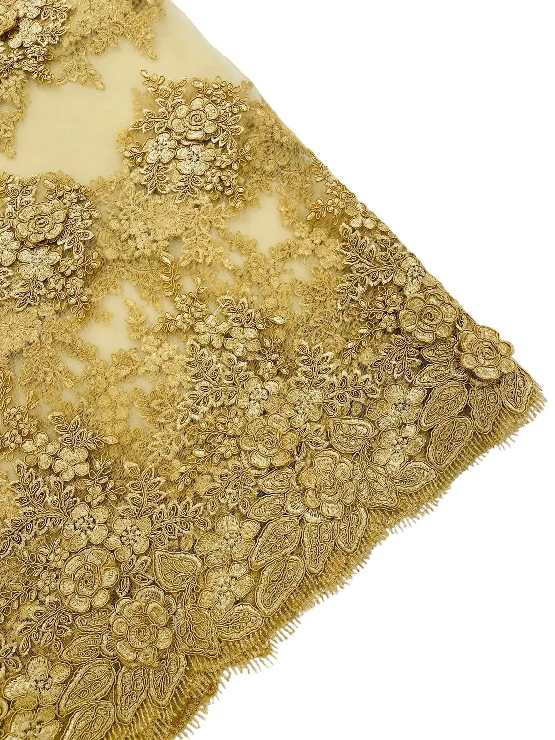 Corded Floral 3D Fabric - Gold - Embroidered Floral Design on Lace Mesh Fabric by Yard