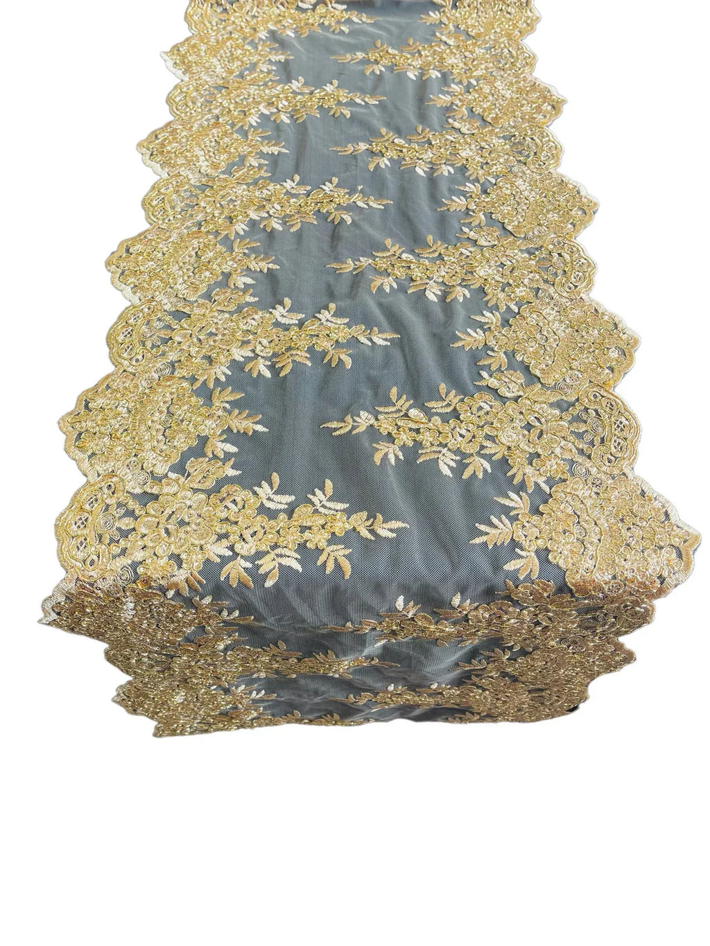 14" Metallic Flower Lace Table Runner - Gold - Floral Runner for Event Decor Sold By The Yard