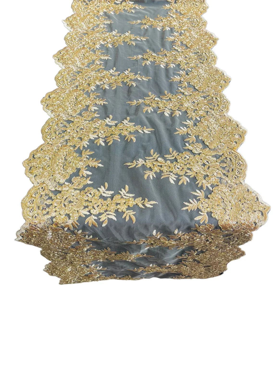 14" Metallic Flower Lace Table Runner - Gold - Floral Runner for Event Decor Sold By The Yard