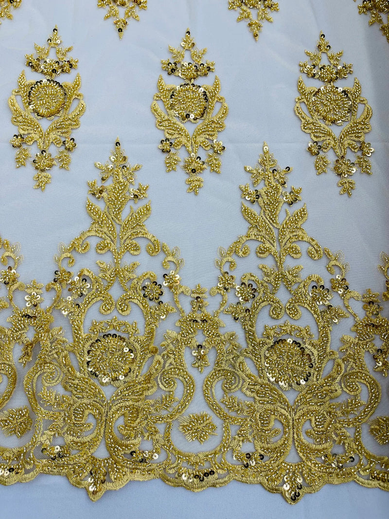 Floral Bead Embroidery Fabric - Gold - Damask Floral Bead Bridal Lace Fabric by the yard