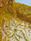 Wavy Leaf / Floral Bead Fabric - Gold - Beaded Rhinestone Embroidered on a Mesh By Yard