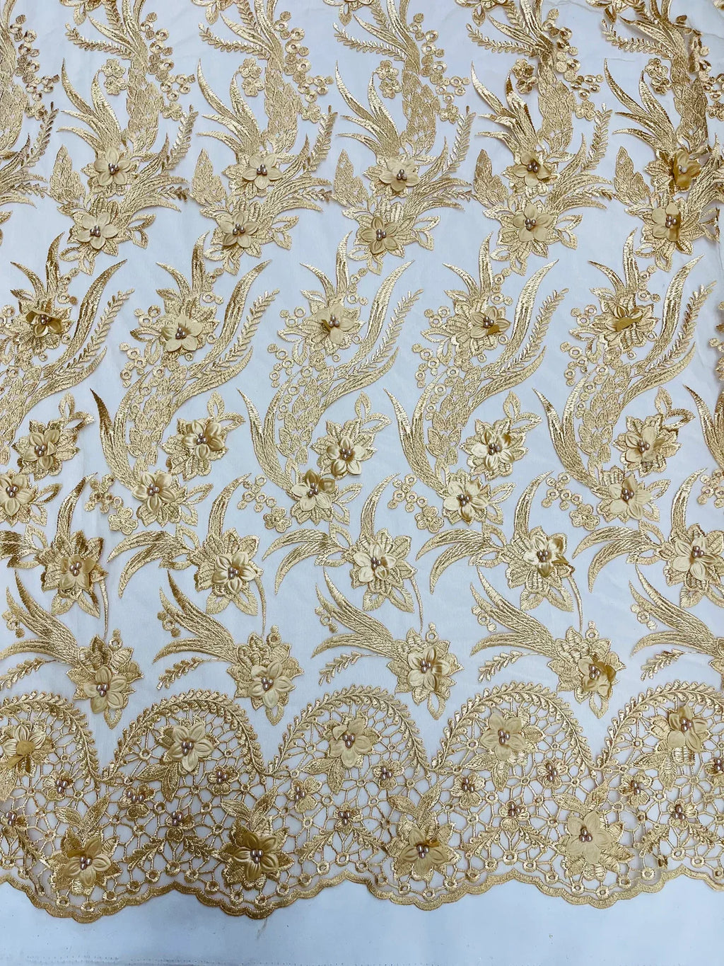 3D Floral Leaf Panels - Gold - Embroidered 3D Flower Lines with Pearls on Lace By Yard