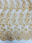 3D Floral Leaf Panels - Gold - Embroidered 3D Flower Lines with Pearls on Lace By Yard