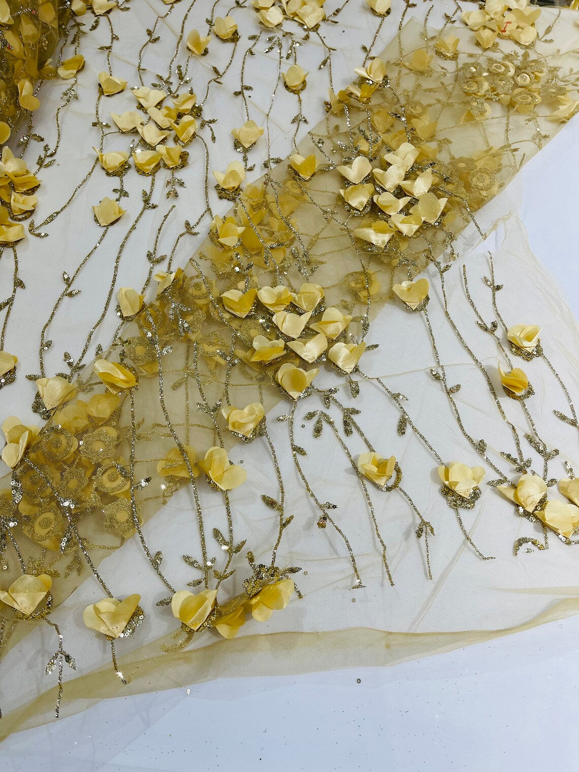 3D Glitter Floral Fabric - Gold - 3D Flowers with Sequins and Glitter on Mesh Sold By Yard