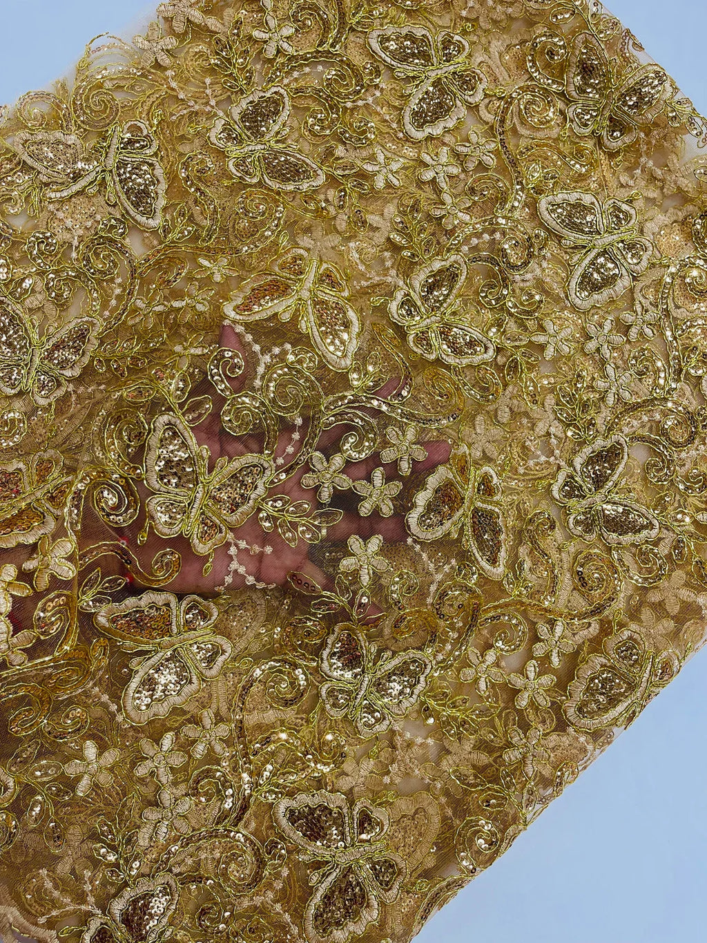 Butterfly Swirl Lace Fabric - Gold - Metallic Sequins Design on Lace Fabric By Yard