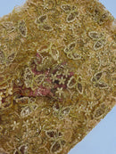 Butterfly Swirl Lace Fabric - Gold - Metallic Sequins Design on Lace Fabric By Yard