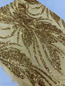 Wavy Leaf Sequins Fabric - Gold - Wavy Lines and Leaves Design on Lace Mesh Fabric by Yard