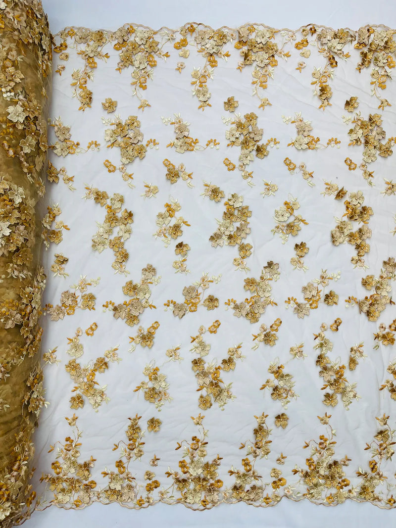 Multi-Color 3D Flower Fabric - Gold - Multi-Tone 3D Flower Lace Fabrics Sold By Yard