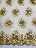 Beaded Flower Cluster Fabric - Gold - Beaded Floral Gaviota Design Embroidered On Mesh Sold By Yard