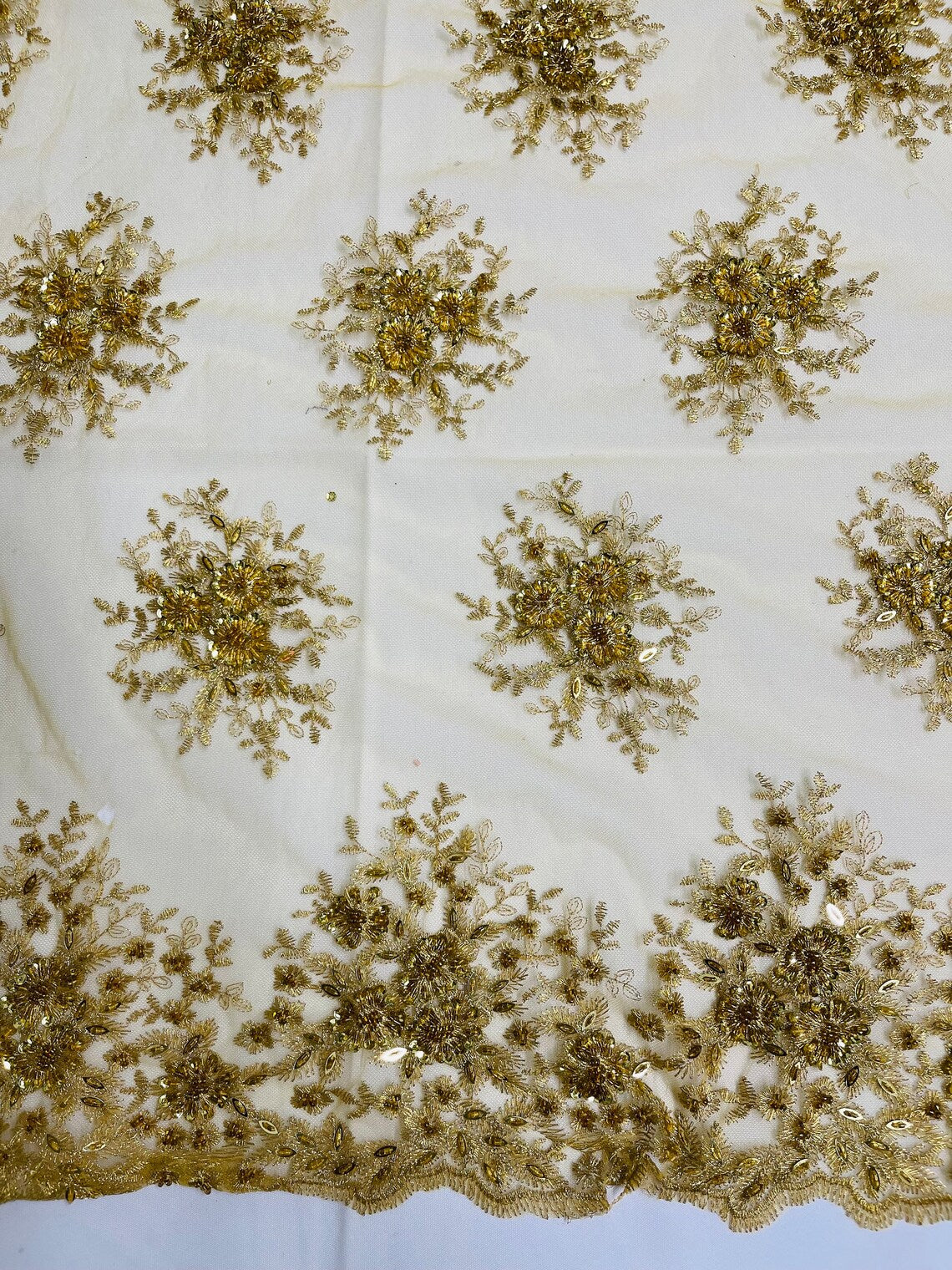 Beaded Flower Cluster Fabric - Gold - Beaded Floral Gaviota Design Embroidered On Mesh Sold By Yard