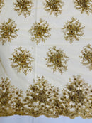 Beaded Flower Cluster Fabric - Gold - Beaded Floral Gaviota Design Embroidered On Mesh Sold By Yard