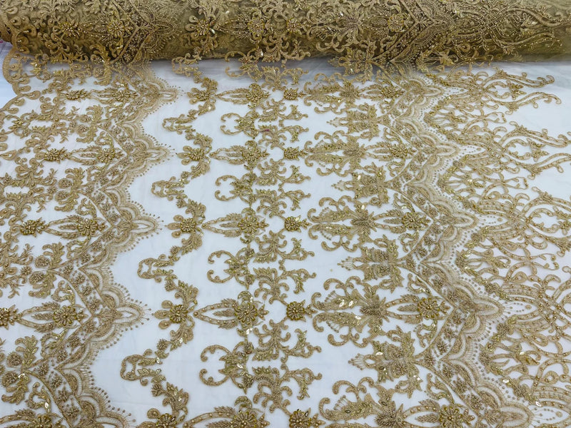 Damask Bead Fabric - Gold - Embroidered Glamorous Fabric with Round Beads Sold By Yard