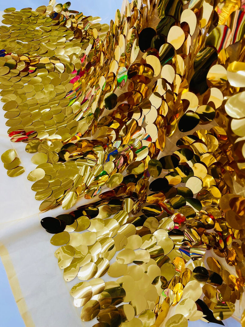 Jumbo Oval Sequins - Gold - Paillette Big Oval Sequins Design Fabric By Yard