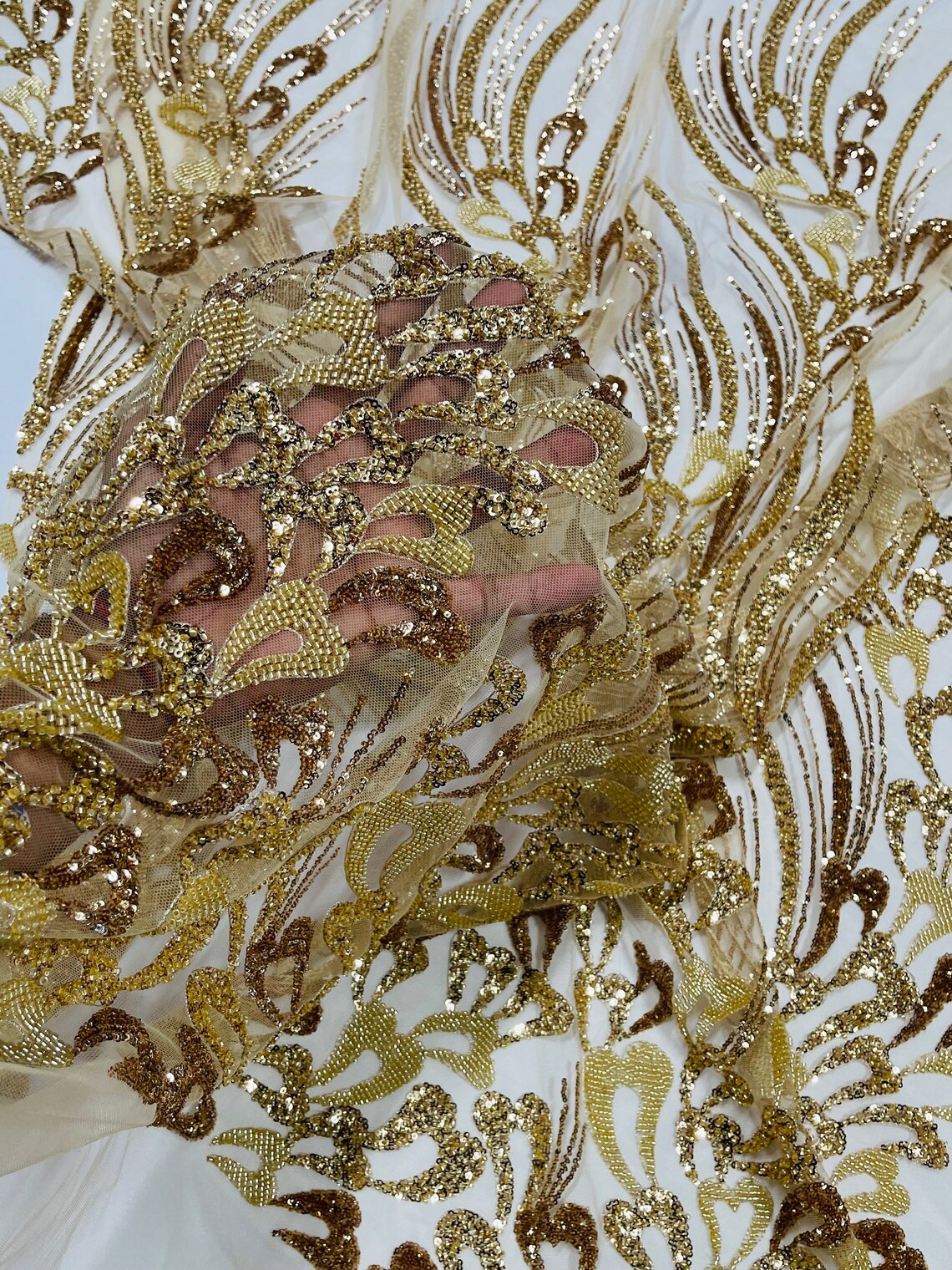 Fancy Wavy Leaf Bead Fabric - Gold - Leaf Line Beaded Design Embroidered Mesh By Yard