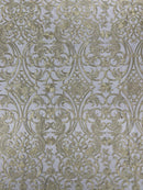 Fancy Damask Lace Fabric - Gold on Black - Embroidered Damask Design Mesh on Lace Fabric by Yard