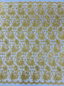 Corded Lace Floral Fabric - Gold - Hologram Sequins Metallic Thread Floral Fabric by Yard