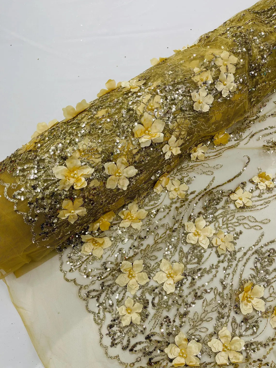 3D Glitter Floral Design Fabric - Gold - Floral Line Design Embroidered Sequins Fabric by Yard