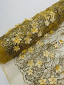 3D Glitter Floral Design Fabric - Gold - Floral Line Design Embroidered Sequins Fabric by Yard