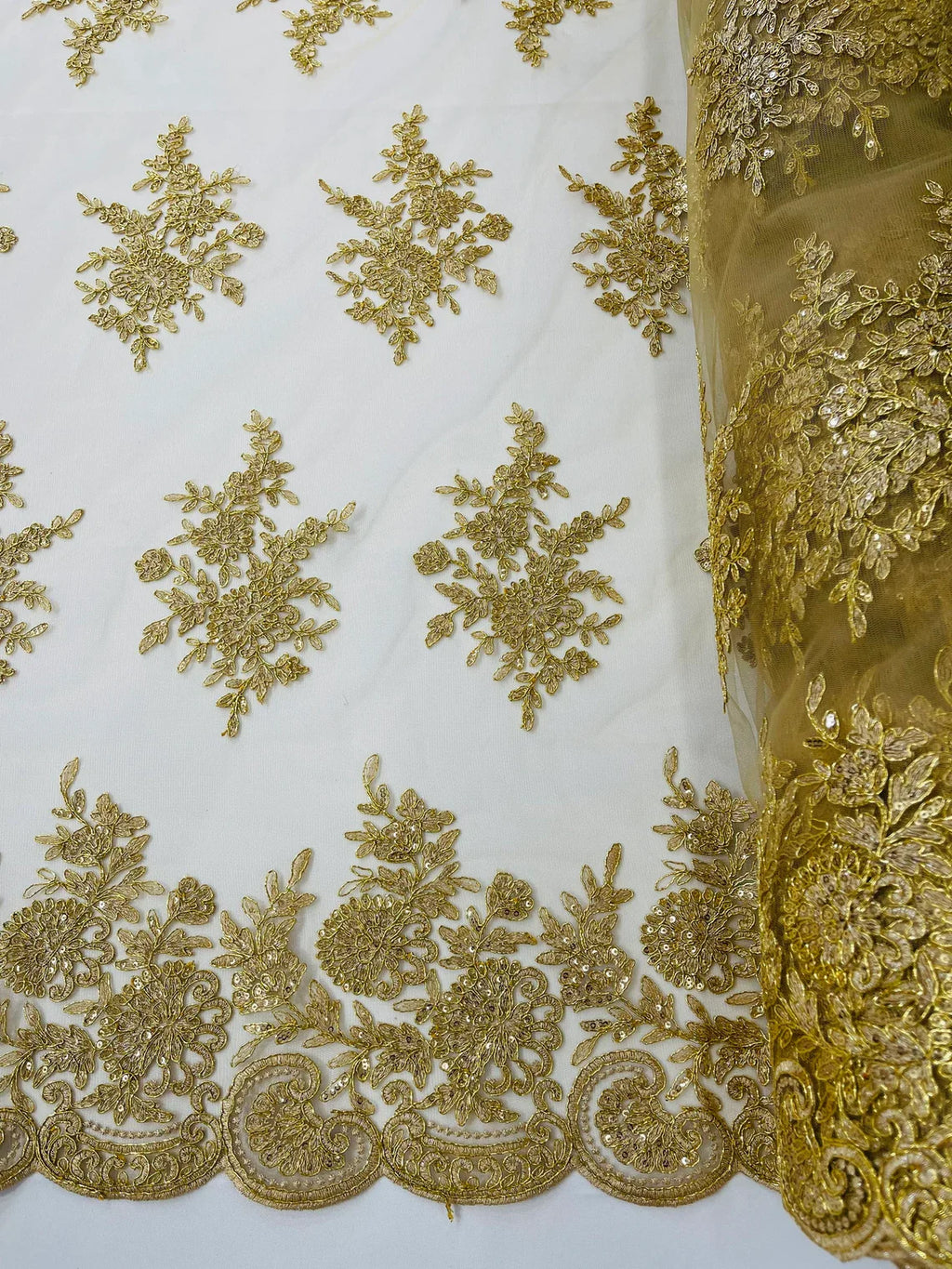 Floral Lace Flower Fabric - Gold - Floral Embroidered Fabric with Sequins on Lace By Yard