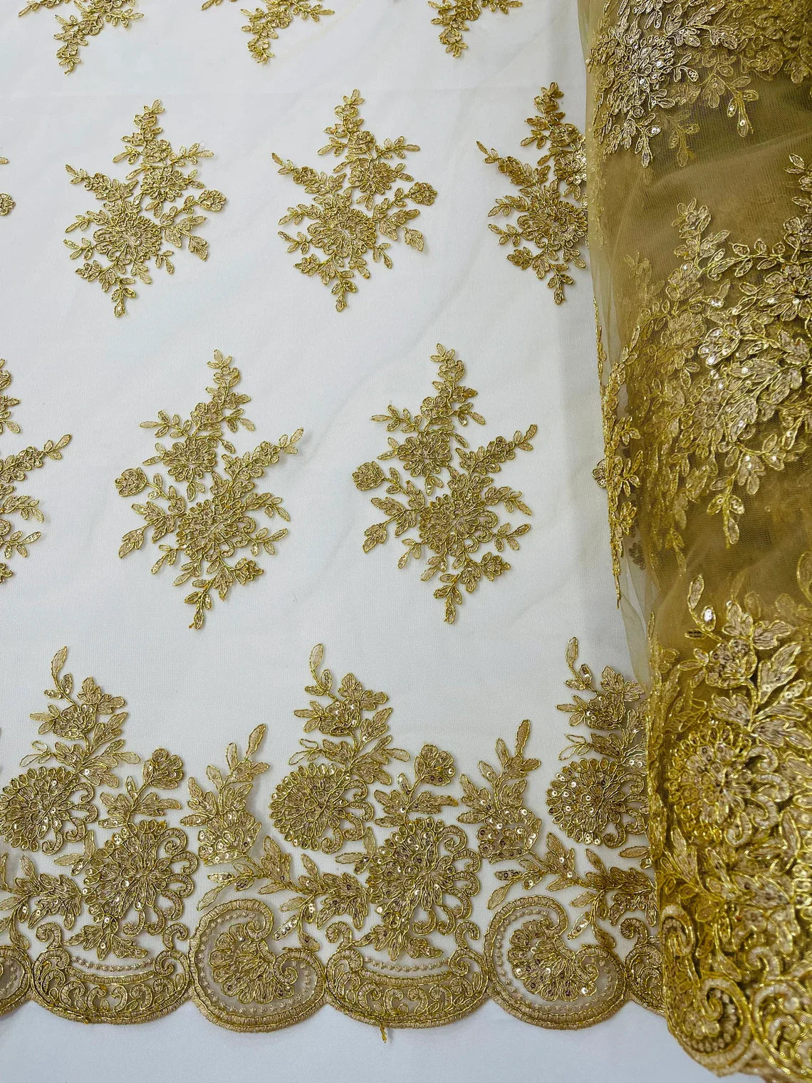 Floral Lace Flower Fabric - Gold - Floral Embroidered Fabric with Sequins on Lace By Yard