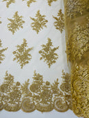 Floral Lace Flower Fabric - Gold - Floral Embroidered Fabric with Sequins on Lace By Yard